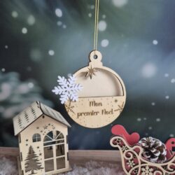 Boule de noël photo en bois avec inscription Mon premier Noël et prénom