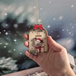 Décoration de Noël en bois en forme de renne avec prénom et nœud rouge